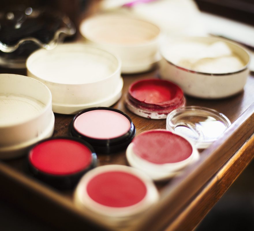 A tray of pots, rice powders, blushers and loose powder used in the white face make up of geisha women.